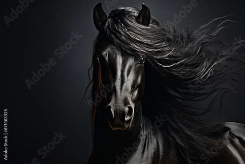 Portrait of a black beautiful stallion on a dark background.black horse close-up with space for text