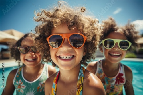 Happy and cheerful multicultural  multi ethnic children have fun near the swimming pool. Funny kids playing outdoors. Summer vacation concept
