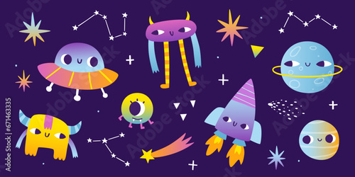 Groovy space set. Cute abstract cosmic collection with surreal gradient bright colors. Psychedelic cosmos bundle.