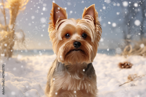 Portrait of a little cute dog at home at christmas with gifts and bokeh, christmas concept