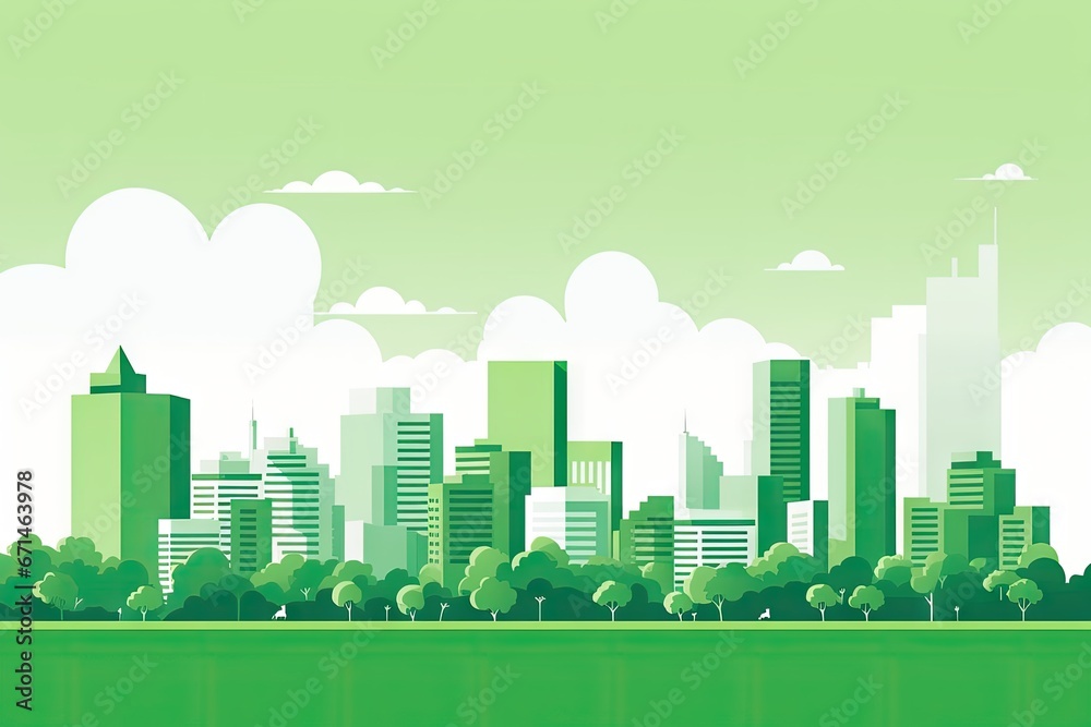 Cityscape Green and White Background - Simple Flat Illustration Vector Wallpaper - Animated City Landscape Backdrop with Empty Copy Space for Text and Advertising created with Generative AI Technology