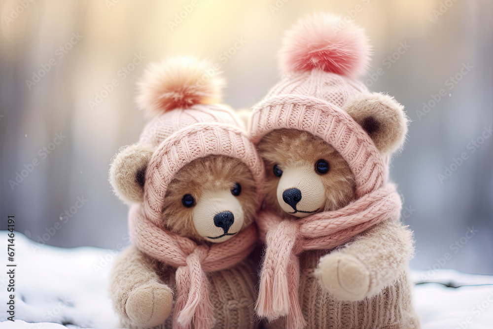 Cartoon bear cubs. Winter. Snowfall. Generative AI Cartoon bear cubs. Winter. Snowfall. Generative AI