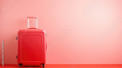 Travel red suitcase on red background.