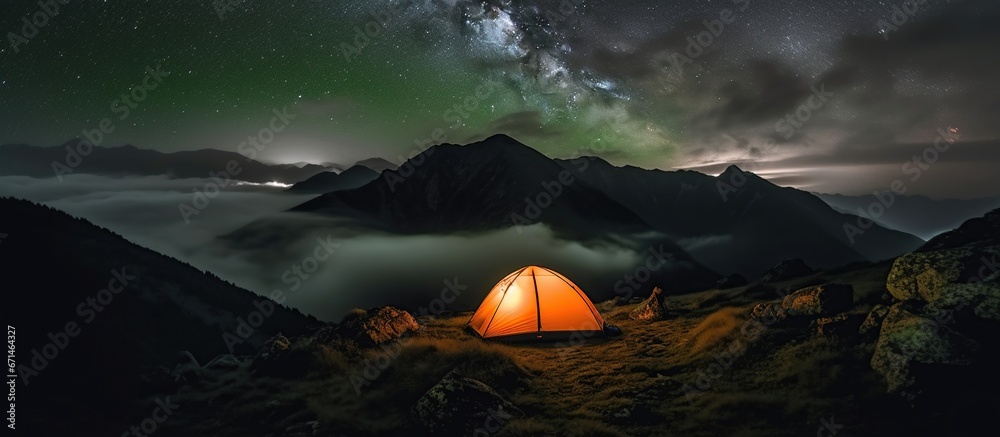 Camping at night, under the stars, outdoors. Green tent over mountains - obrazy, fototapety, plakaty 