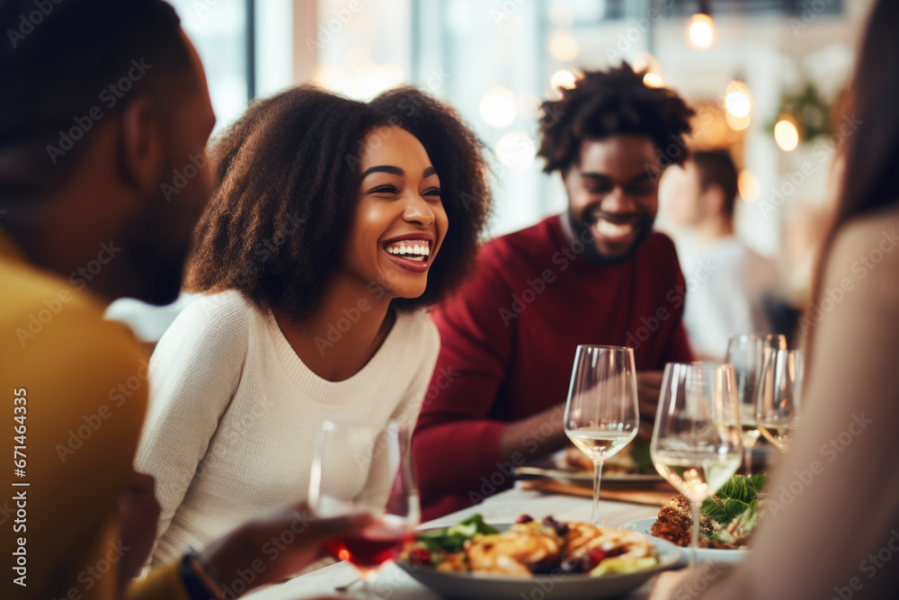 African American family having dinner during thanksgiving day. Happy people celebrating holiday, eating and laughing together