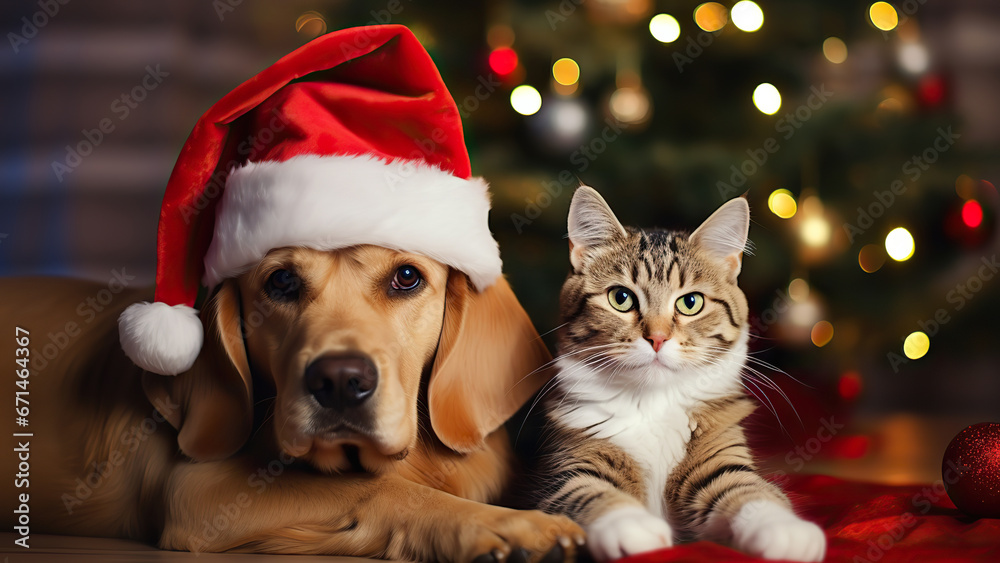 A dog with cat in a santa hat by a Christmas tree and background.