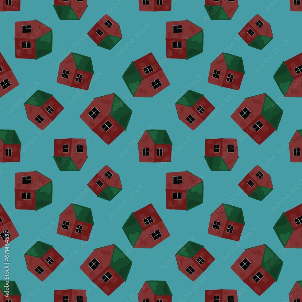Seamless pattern with flying houses. Illustration for textiles, wallpaper and gift wrapping