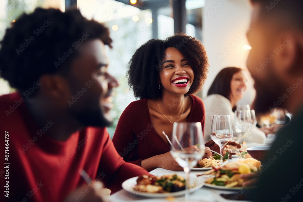 African American family having dinner during thanksgiving day. Happy people celebrating holiday, eating and laughing together