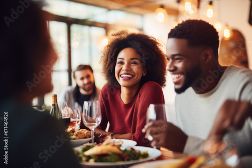 African American family having dinner during thanksgiving day. Happy people celebrating holiday  eating and laughing together