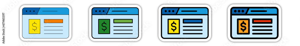 Icones pictogramme symbole Fenetre ordinateur interface site web compte banquaire argent couleur bleu relief