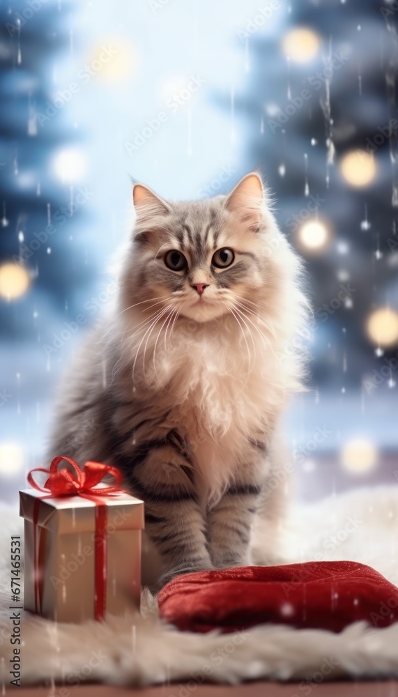A happy cat with gift boxes. Portrait of a cute kitten. Christmas and New Year gifts. Decorated Christmas tree in background. Snow is blowing.