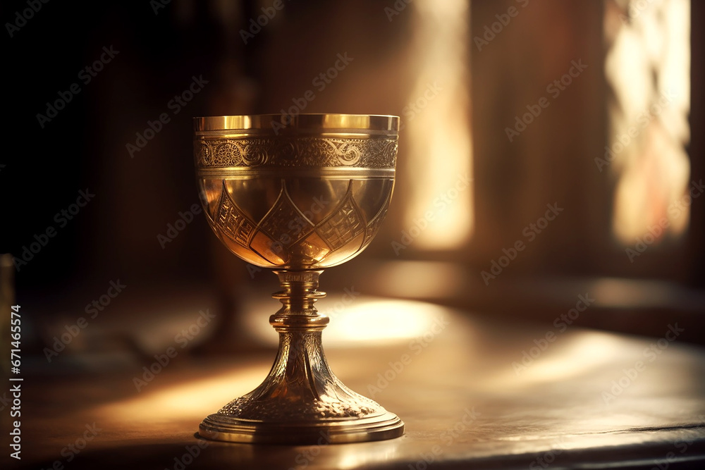Golden chalice of wine on blurred sunlight curch background.  Generative AI. - obrazy, fototapety, plakaty 