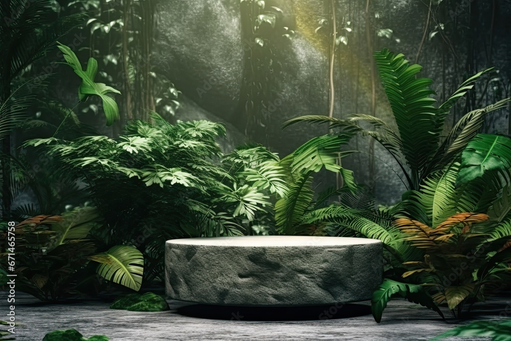 tone podium surrounded by tropical plants in the forest tone podium surrounded by tropical plants in the forest