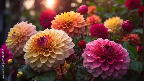 Colorful Dahlia Mix blooms with rain drops