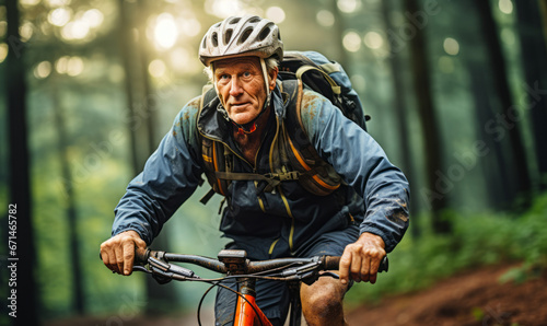 Active Senior Man Enjoys a Bike Ride Through the Forest