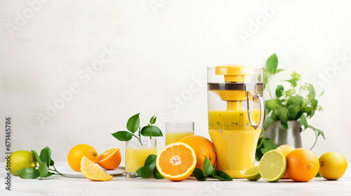 Modern juicer with fresh citrus fruits. photo