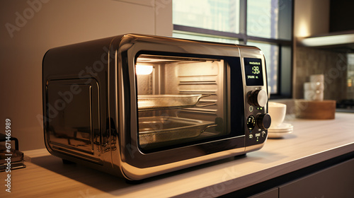 Modern microwave oven in kitchen photo