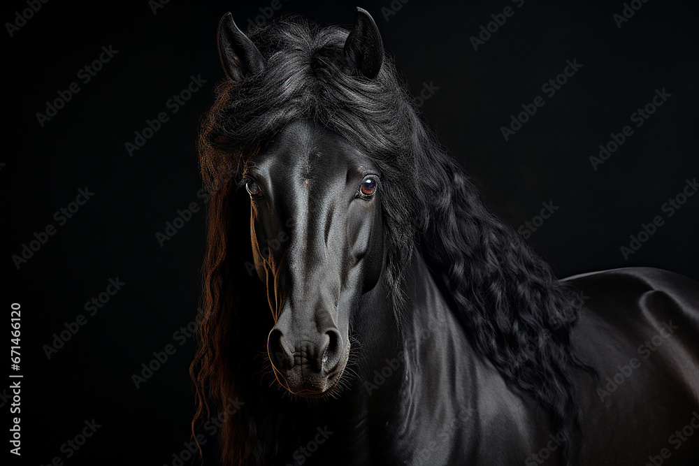 Portrait of a black beautiful stallion on a dark background.black horse close-up with space for text Portrait of a black beautiful stallion on a dark background.black horse close-up with space for text