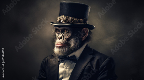 Monkey dressed in formal attire with a top hat.