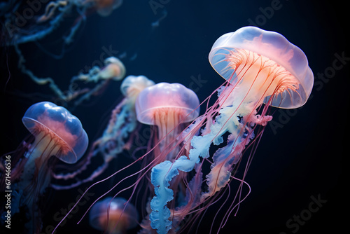 Ethereal deep sea waltz  Majestic jellyfish floating in the vast oceanic abyss © Saran