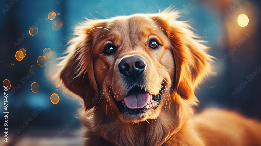 Golden retriever Dog. looks like cute and looking at the camera. Isolated on colorful background. Dog face closeup. Tongue out 