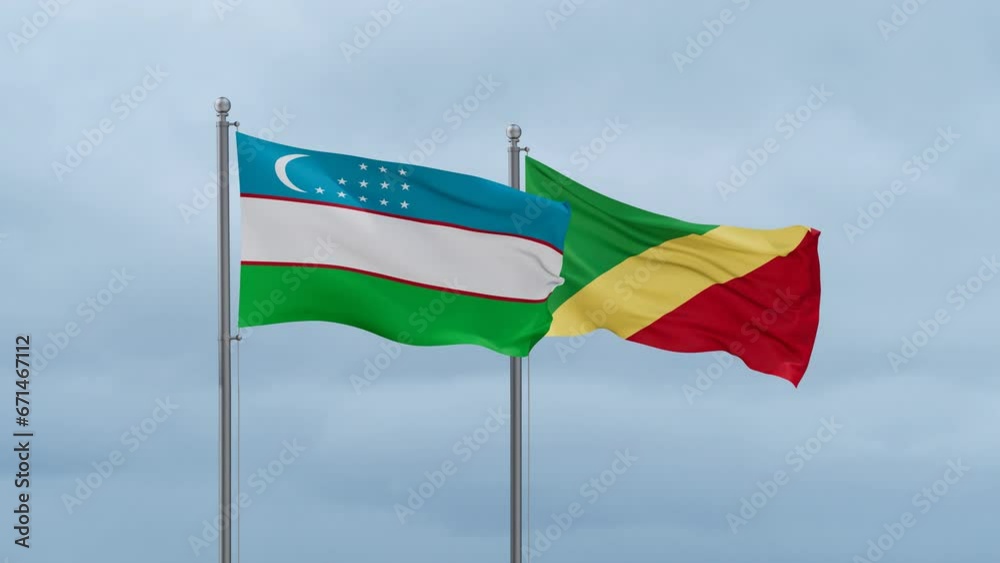 Republic of the Congo flag and Uzbekistan flag waving together on cloudy sky, endless seamless loop, two country relations concept Republic of the Congo flag and Uzbekistan flag waving together on cloudy sky, endless seamless loop, two country relations concept