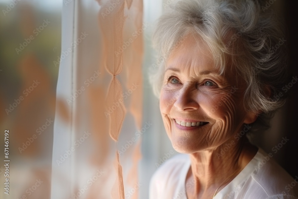 Close-up portrait of a beautiful elderly woman in a white shirt, soft light from the window Close-up portrait of a beautiful elderly woman in a white shirt, soft light from the window