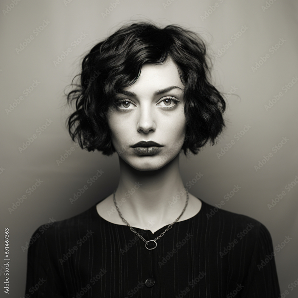 vintage style, a person of character, male or female, black and white, look front, look at camera, face