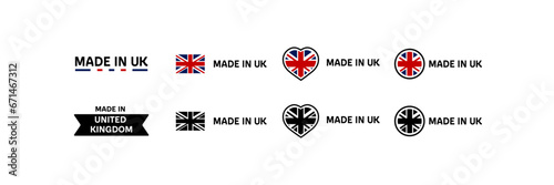 Made in UK icons. Different styles, Made in United Kingdom icon with flag, heart. Vector icons