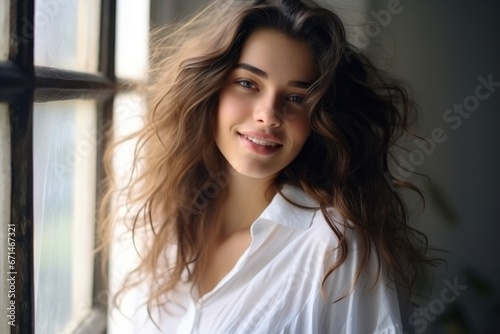 Close-up portrait of a beautiful woman in a white shirt, soft light from the window