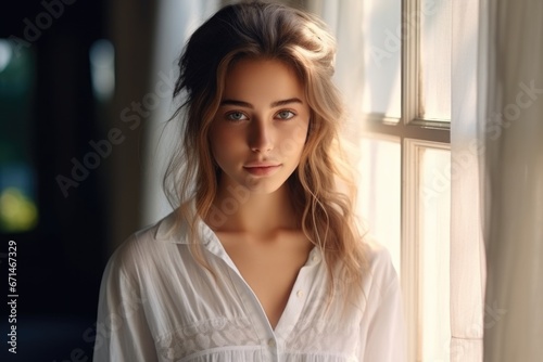 Close-up portrait of a beautiful woman in a white shirt, soft light from the window