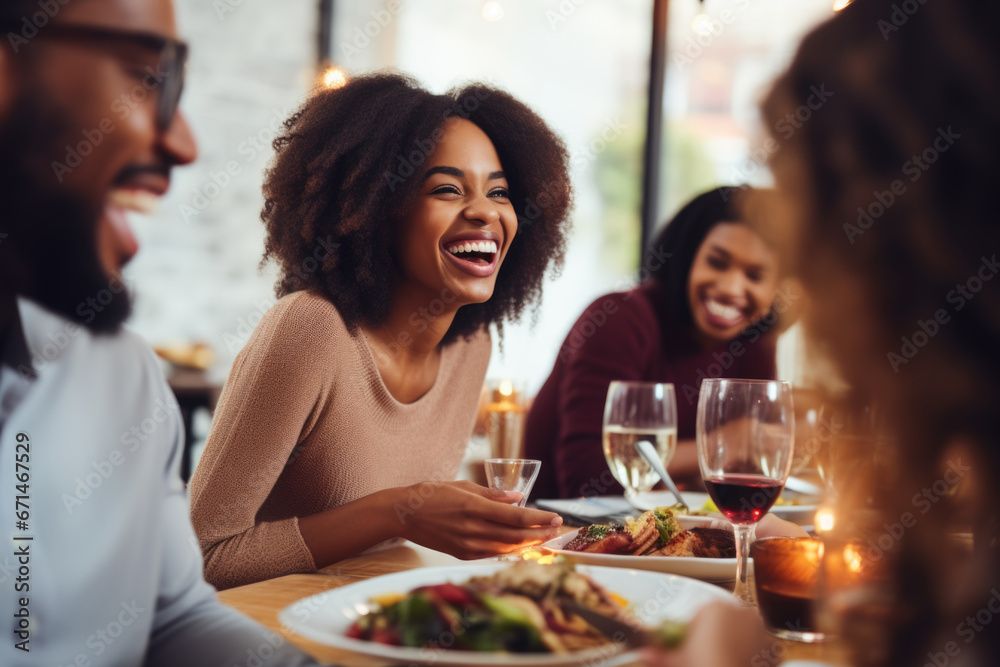 African American family having dinner during thanksgiving day. Happy people celebrating holiday, eating and laughing together