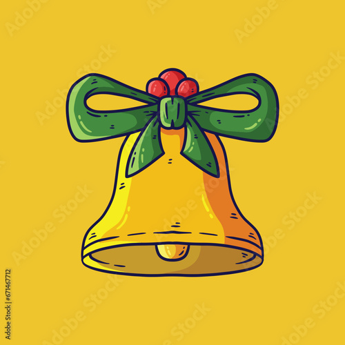 Golden Jingle bells and green ribbon cartoon vector. Cartoon vector illustration. Vector illustration.