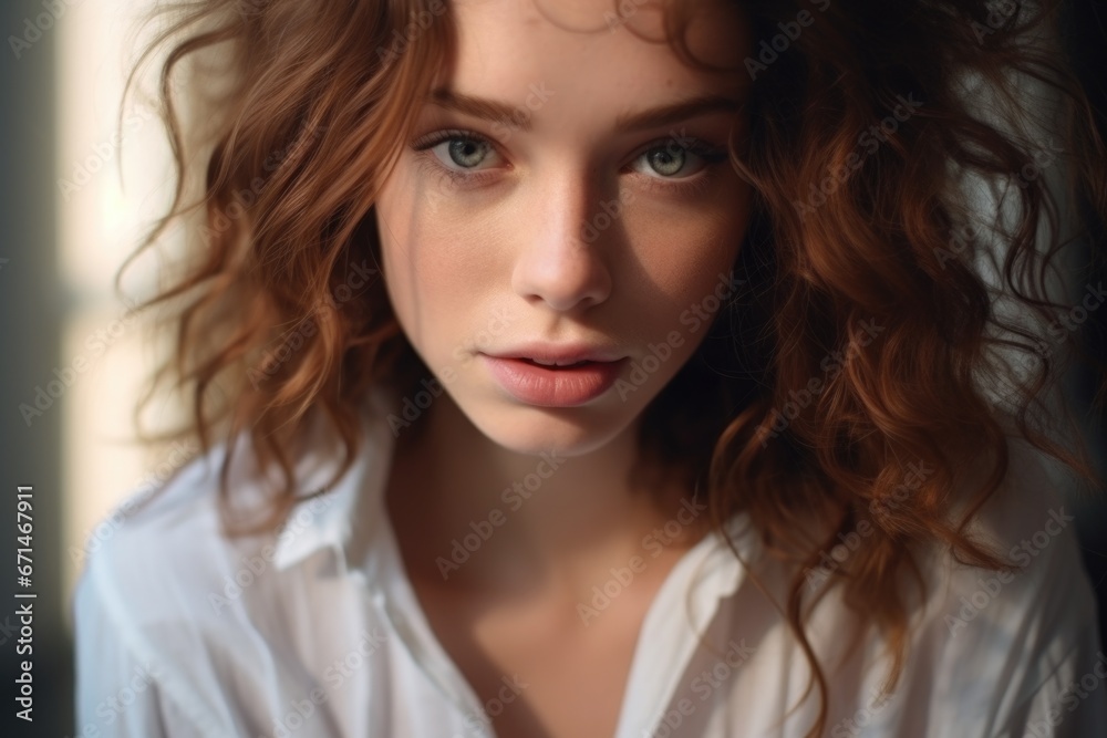 Close-up portrait of a beautiful woman in a white shirt, soft light from the window Close-up portrait of a beautiful woman in a white shirt, soft light from the window