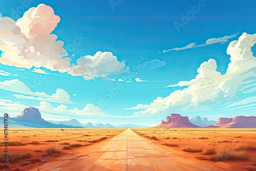 road trip adventure on big road in desert with brown rocks illustration