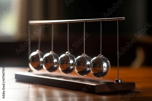 Newtons cradle wooden table sphere. Motion action shiny effect. Generate Ai