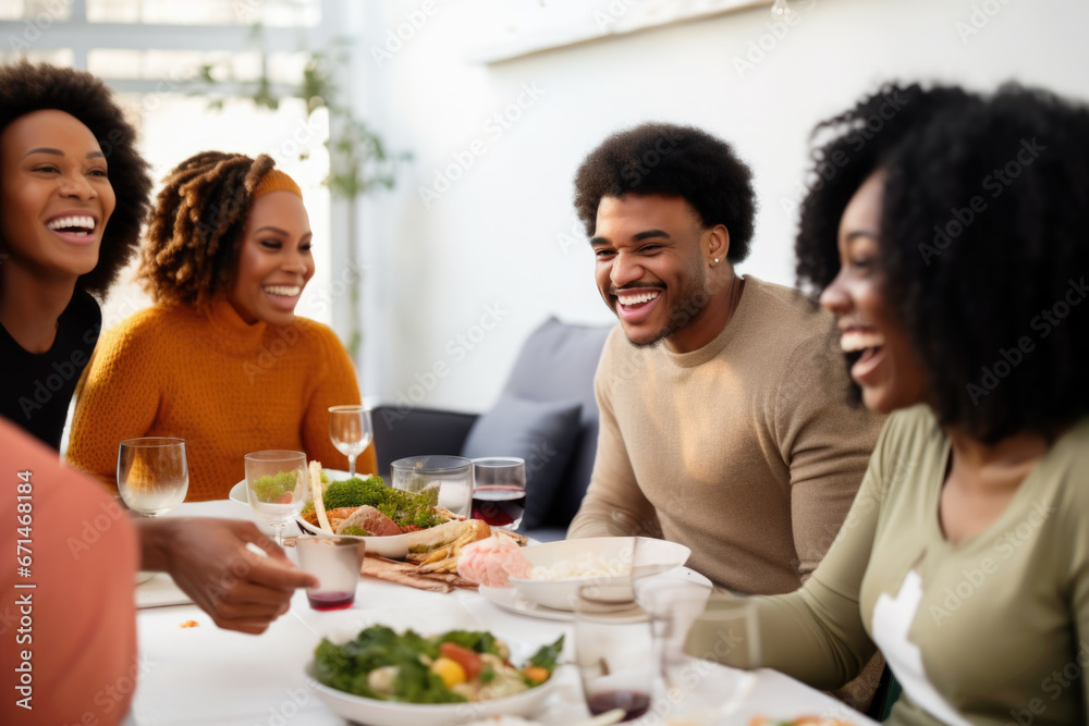 African American family having dinner during thanksgiving day. Happy people celebrating holiday, eating and laughing together African American family having dinner during thanksgiving day. Happy people celebrating holiday, eating and laughing together