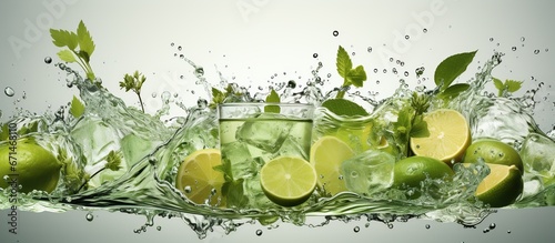 Lime fruit slice, leaves and green juice splash
