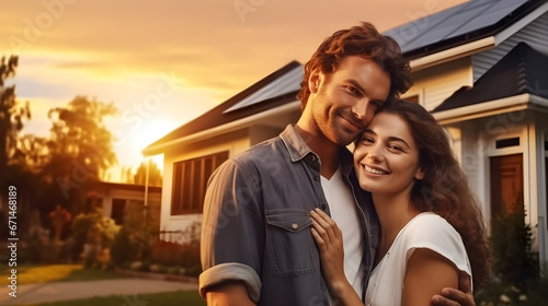 Golden Moments: Couple Embracing at Eco-Friendly Home at Sunset. generative ai