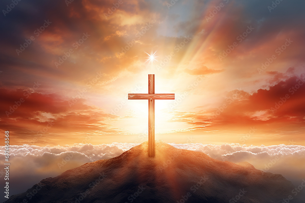 Illustration of good friday background with cross silhouette on golden sunset sky. Generative A