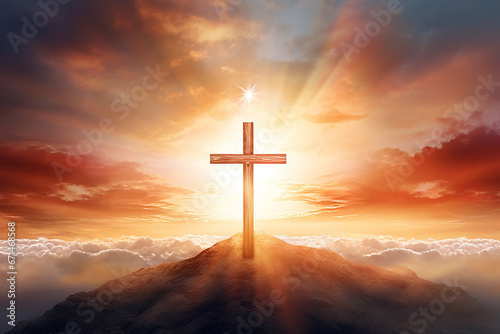 Illustration of good friday background with cross silhouette on golden sunset sky. Generative A
