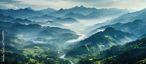 Mountains under mist in the morning Amazing nature scenery