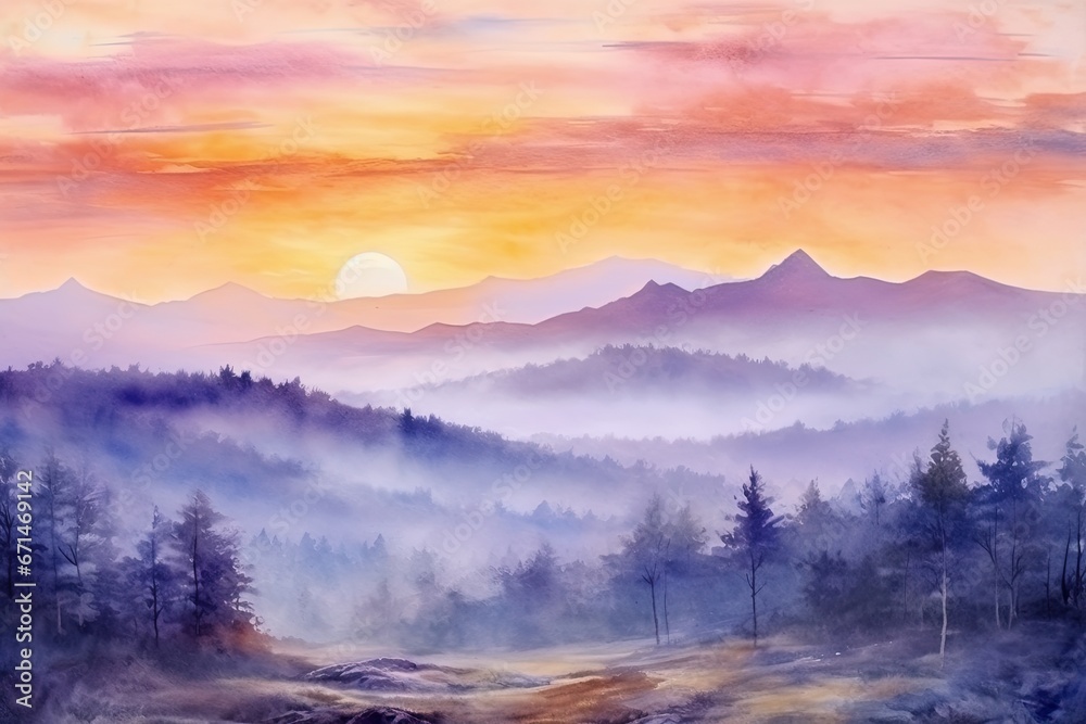 Watercolor Design of a Natural Summer Landscape in a Mountain Valley