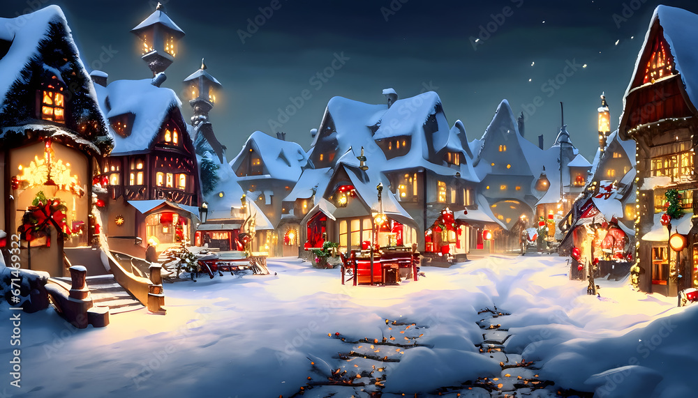 Fototapeta premium Enchanting Snow-covered Christmas Village with Festive Evening Lights