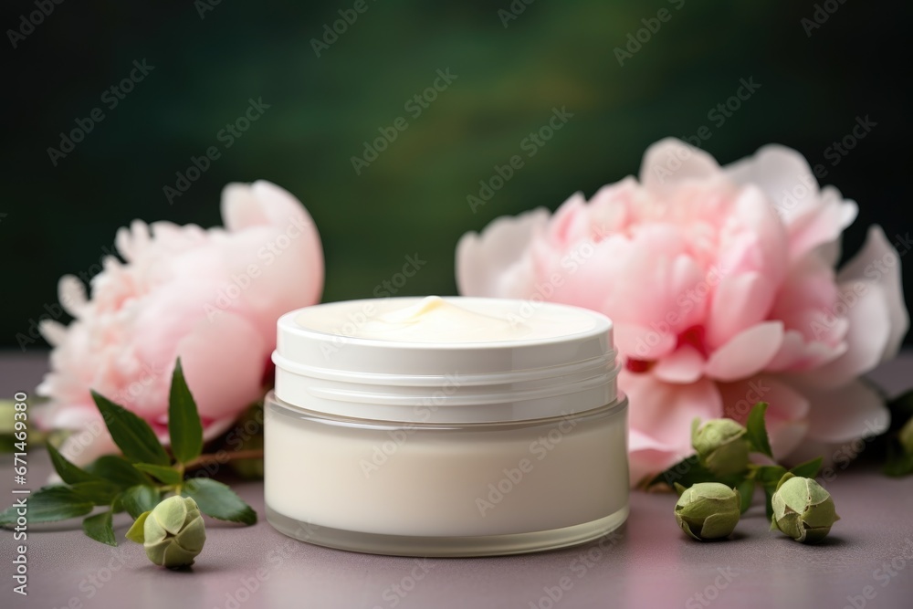 Cosmetic cream blank jar mock up with peonies flowers Cosmetic cream blank jar mock up with peonies flowers