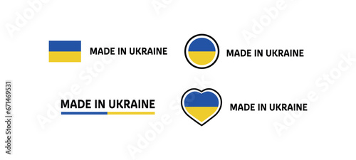 Made in Ukraine icons. Flat, color, emblems made in Ukraine, made in Ukraine flag, heart. Vector icons