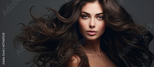 Studio photoshoot of stunning dark haired model with beautiful hair