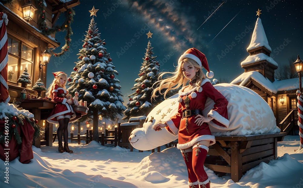 Beautiful girl in Santa Claus clothes on the background of the Christmas village