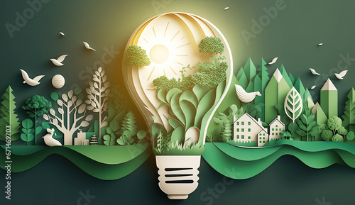 Landscape light glow bulb green eco ecology environment city clean energy paper art and craft concept