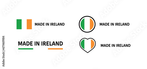 Made in Ireland icons. Flat, color, emblems made in Ireland, made in Ireland flag, heart. Vector icons